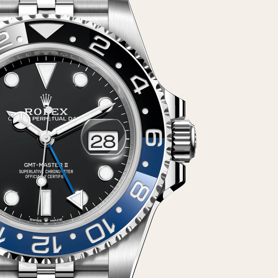 Rolex GMT-Master II in Oystersteel with a Black dial, Bidirectional rotatable 24-hour graduated bezel. Two-colour blue and black Cerachrom insert in ceramic, moulded numerals and graduations bezel, Jubilee, five-piece links bracelet