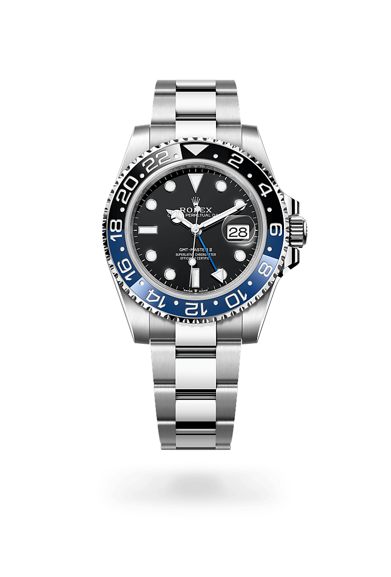 Rolex GMT-Master II in Oystersteel with a Black dial, Bidirectional rotatable 24-hour graduated bezel. Two-colour blue and black Cerachrom insert in ceramic, moulded numerals and graduations bezel, Oyster, three-piece solid links bracelet