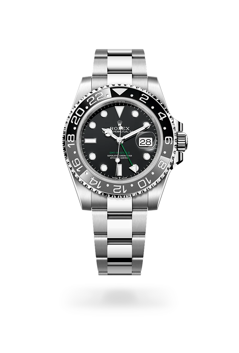 Rolex GMT-Master II in Oystersteel with a Black dial, Bidirectional rotatable 24-hour graduated bezel. Two-colour grey and black Cerachrom insert in ceramic, moulded numerals and graduations bezel, Oyster, three-piece solid links bracelet