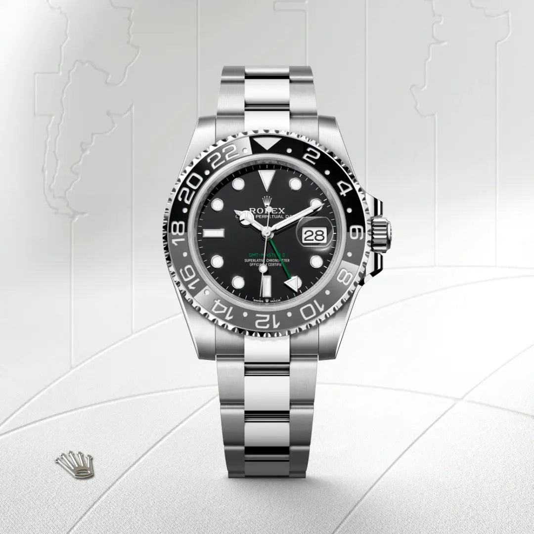 Rolex GMT-Master II in Oystersteel with a Black dial, Bidirectional rotatable 24-hour graduated bezel. Two-colour grey and black Cerachrom insert in ceramic, moulded numerals and graduations bezel, Oyster, three-piece solid links bracelet