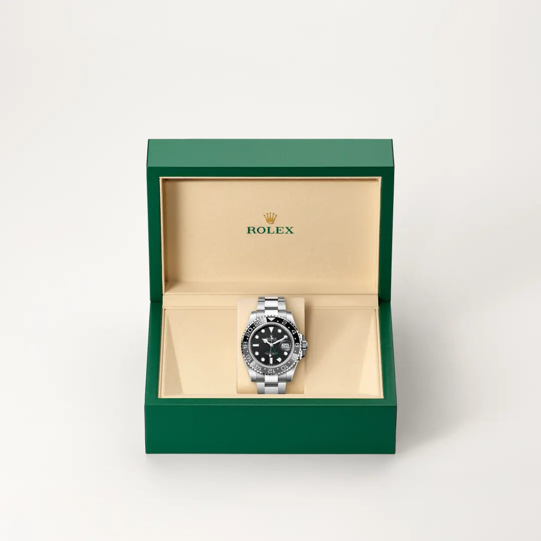 Rolex GMT-Master II in Oystersteel with a Black dial, Bidirectional rotatable 24-hour graduated bezel. Two-colour grey and black Cerachrom insert in ceramic, moulded numerals and graduations bezel, Oyster, three-piece solid links bracelet