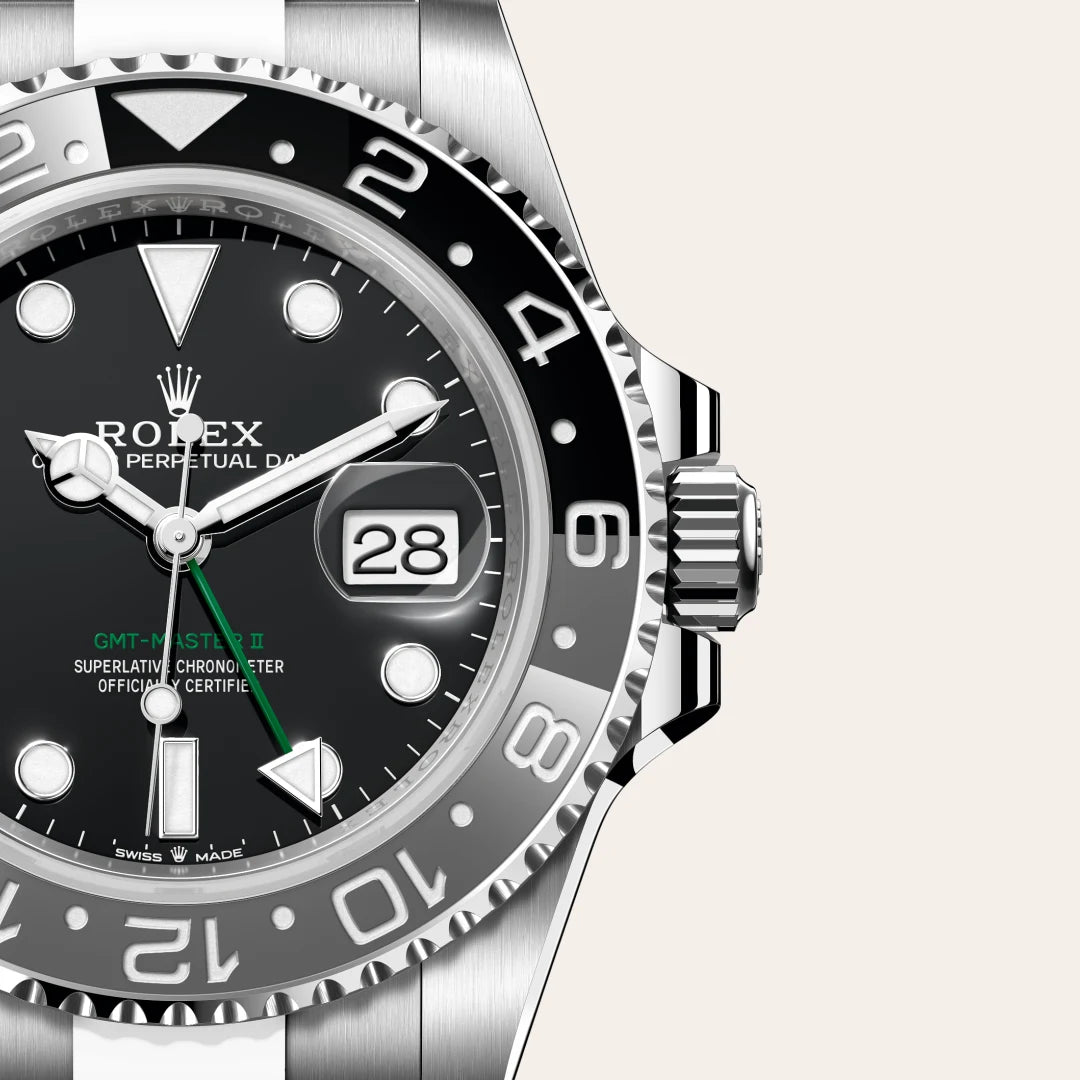 Rolex GMT-Master II in Oystersteel with a Black dial, Bidirectional rotatable 24-hour graduated bezel. Two-colour grey and black Cerachrom insert in ceramic, moulded numerals and graduations bezel, Oyster, three-piece solid links bracelet