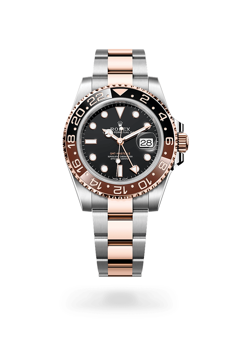 Rolex GMT-Master II in Everose Rolesor - combination of Oystersteel and Everose gold with a Black dial, Bidirectional rotatable 24-hour graduated bezel. Two-colour brown and black Cerachrom insert in ceramic, moulded numerals and graduations bezel, Oyster, three-piece solid links bracelet