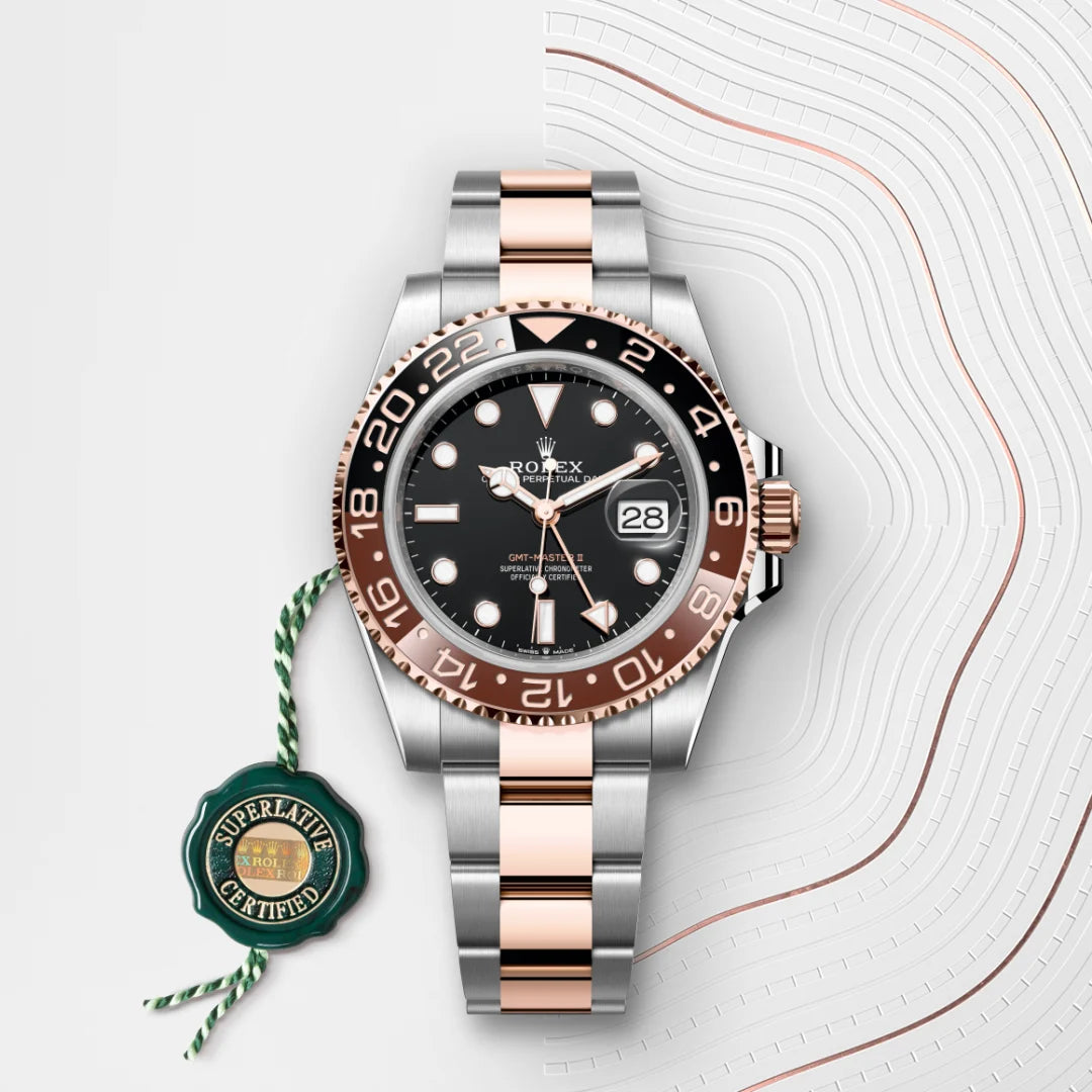 Rolex GMT-Master II in Everose Rolesor - combination of Oystersteel and Everose gold with a Black dial, Bidirectional rotatable 24-hour graduated bezel. Two-colour brown and black Cerachrom insert in ceramic, moulded numerals and graduations bezel, Oyster, three-piece solid links bracelet