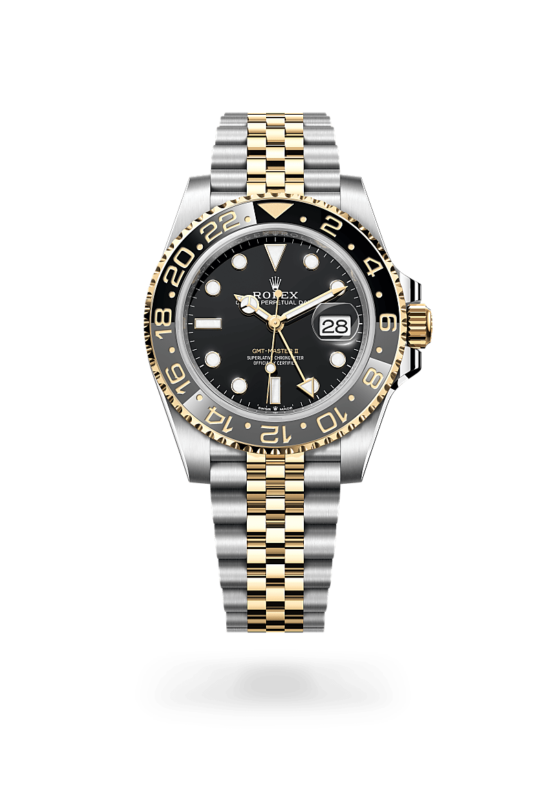 Rolex GMT-Master II in Yellow Rolesor - combination of Oystersteel and yellow gold with a Black dial, Bidirectional rotatable 24-hour graduated bezel. Two-colour grey and black Cerachrom insert in ceramic, moulded numerals and graduations bezel, Jubilee, five-piece links bracelet