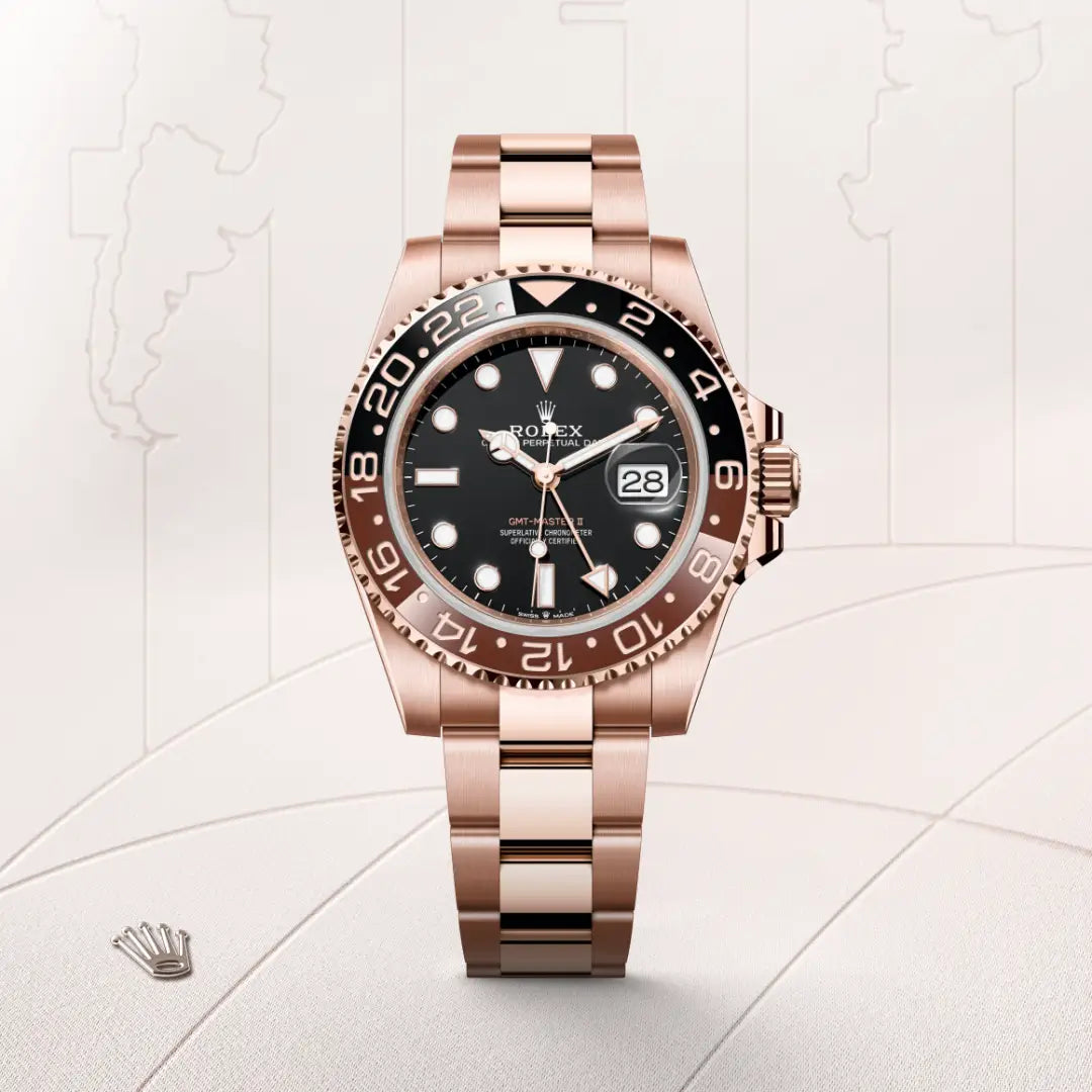 Rolex GMT-Master II in 18 ct Everose gold with a Black dial, Bidirectional rotatable 24-hour graduated bezel. Two-colour brown and black Cerachrom insert in ceramic, moulded numerals and graduations bezel, Oyster, three-piece solid links bracelet