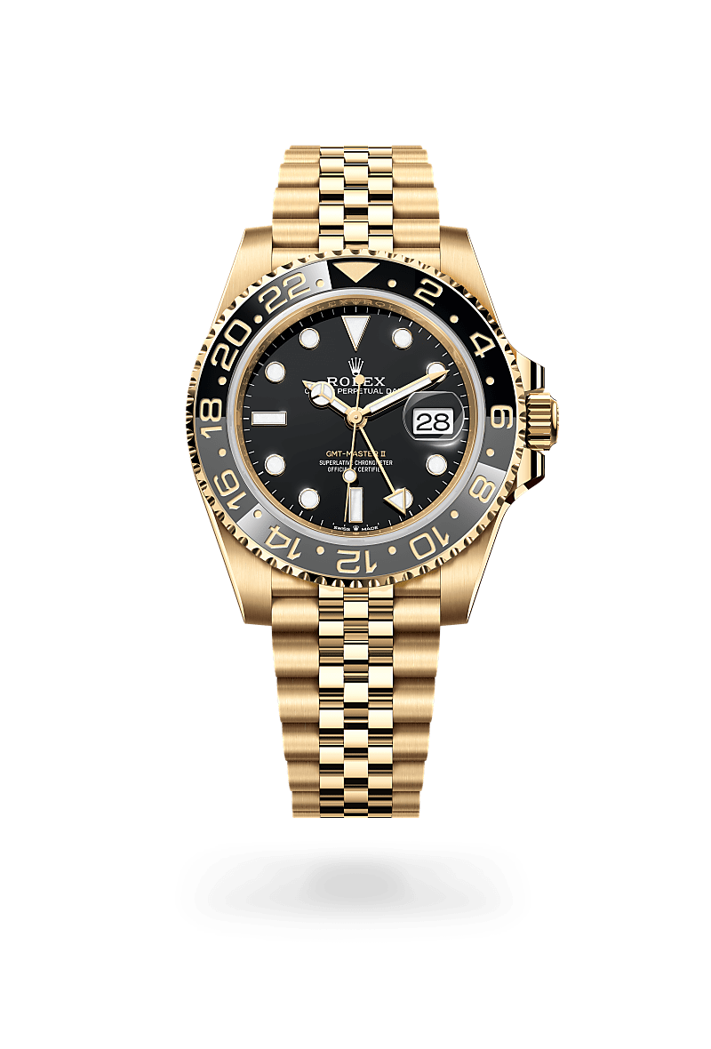 Rolex GMT-Master II in 18 ct yellow gold with a Black dial, Bidirectional rotatable 24-hour graduated bezel. Two-colour grey and black Cerachrom insert in ceramic, moulded numerals and graduations bezel, Jubilee, five-piece links bracelet