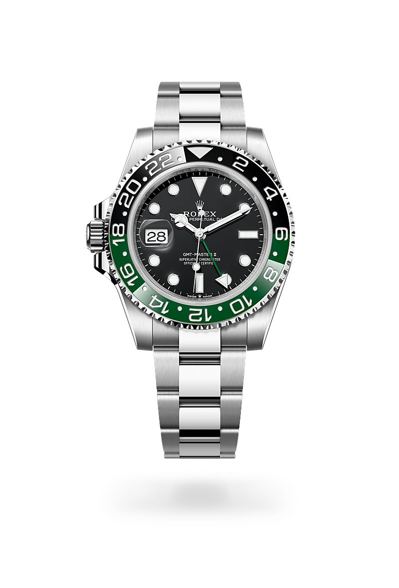 Rolex GMT-Master II in Oystersteel with a Black dial, Bidirectional rotatable 24-hour graduated bezel. Two-colour green and black Cerachrom insert in ceramic, moulded numerals and graduations bezel, Oyster, three-piece solid links bracelet