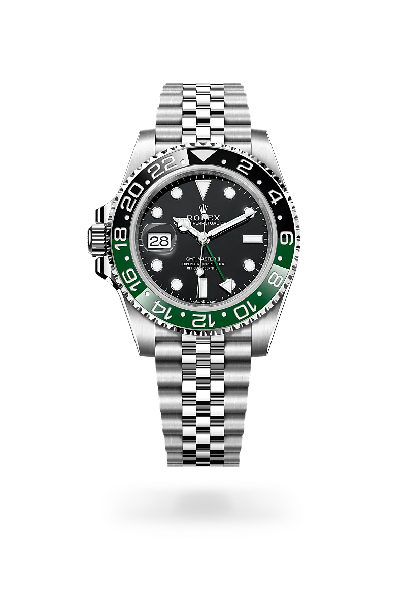Rolex GMT-Master II in Oystersteel with a Black dial, Bidirectional rotatable 24-hour graduated bezel. Two-colour green and black Cerachrom insert in ceramic, moulded numerals and graduations bezel, Jubilee, five-piece links bracelet