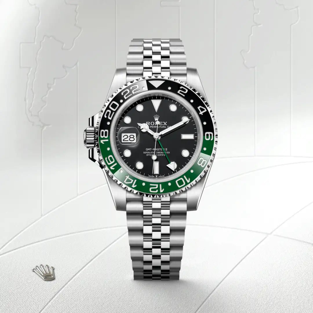 Rolex GMT-Master II in Oystersteel with a Black dial, Bidirectional rotatable 24-hour graduated bezel. Two-colour green and black Cerachrom insert in ceramic, moulded numerals and graduations bezel, Jubilee, five-piece links bracelet