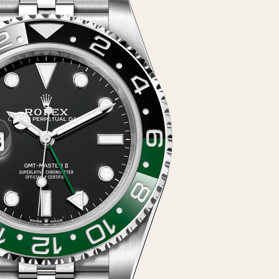 Rolex GMT-Master II in Oystersteel with a Black dial, Bidirectional rotatable 24-hour graduated bezel. Two-colour green and black Cerachrom insert in ceramic, moulded numerals and graduations bezel, Jubilee, five-piece links bracelet