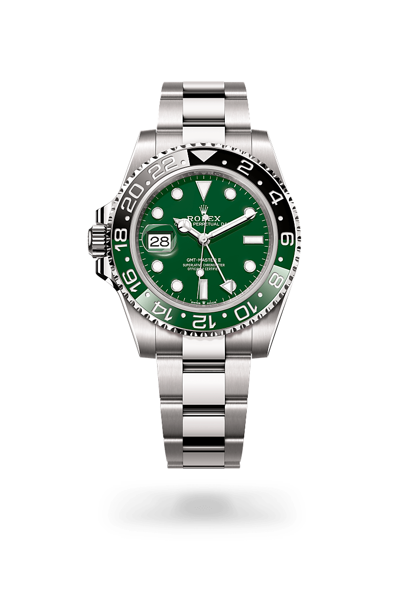 Rolex GMT-Master II in 18 ct white gold with a Green ceramic dial, Bidirectional rotatable 24-hour graduated bezel. Two-colour green and black Cerachrom insert in ceramic, moulded numerals and graduations bezel, Oyster, three-piece solid links bracelet