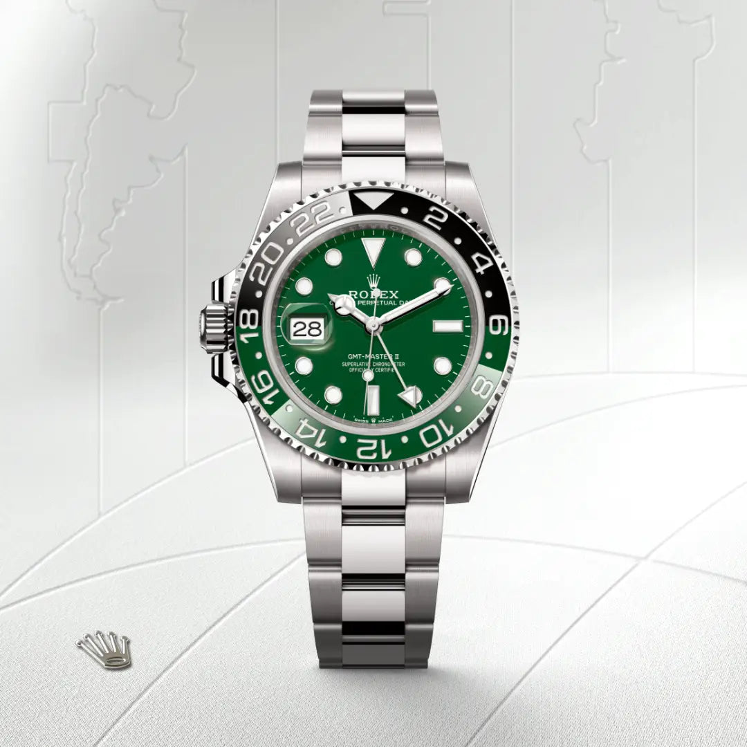 Rolex GMT-Master II in 18 ct white gold with a Green ceramic dial, Bidirectional rotatable 24-hour graduated bezel. Two-colour green and black Cerachrom insert in ceramic, moulded numerals and graduations bezel, Oyster, three-piece solid links bracelet