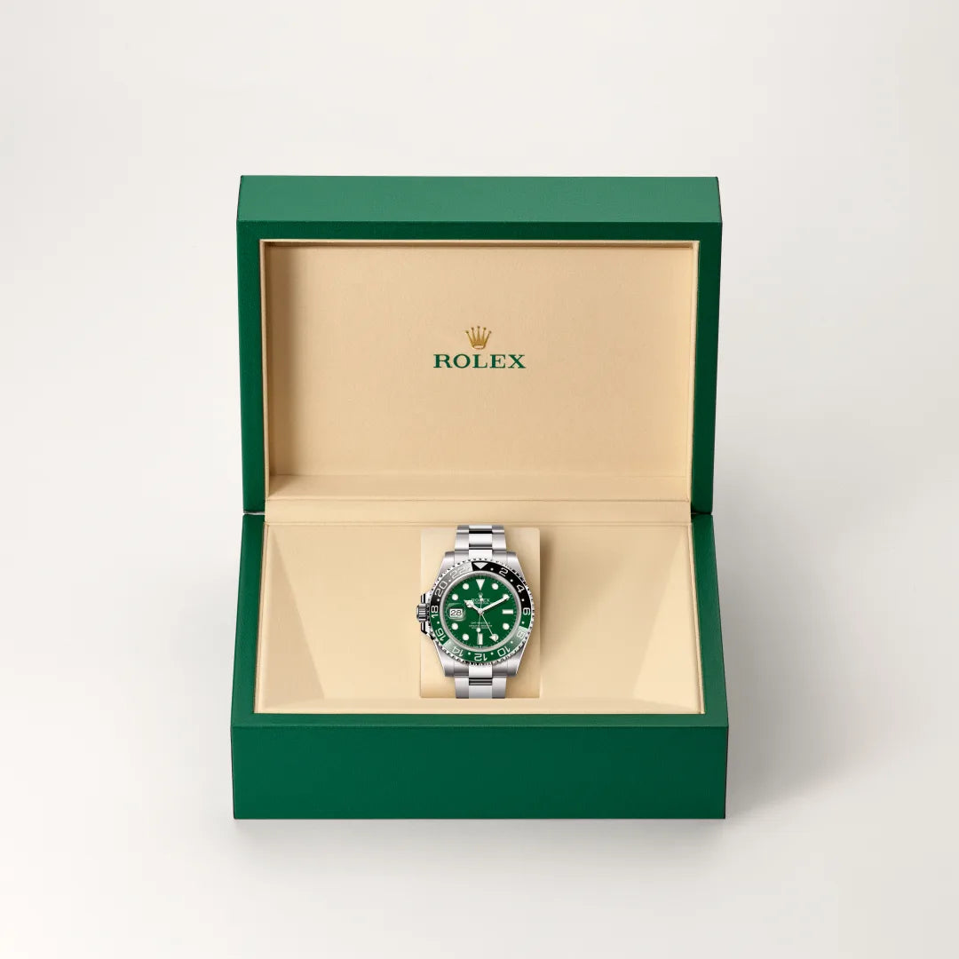 Rolex GMT-Master II in 18 ct white gold with a Green ceramic dial, Bidirectional rotatable 24-hour graduated bezel. Two-colour green and black Cerachrom insert in ceramic, moulded numerals and graduations bezel, Oyster, three-piece solid links bracelet