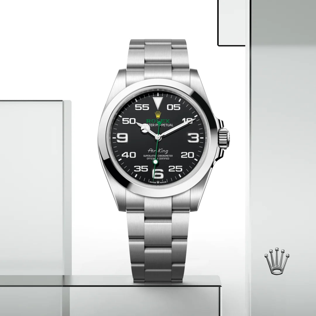 Rolex Air-King in Oystersteel with a Black dial, Smooth bezel, Oyster, three-piece solid links bracelet