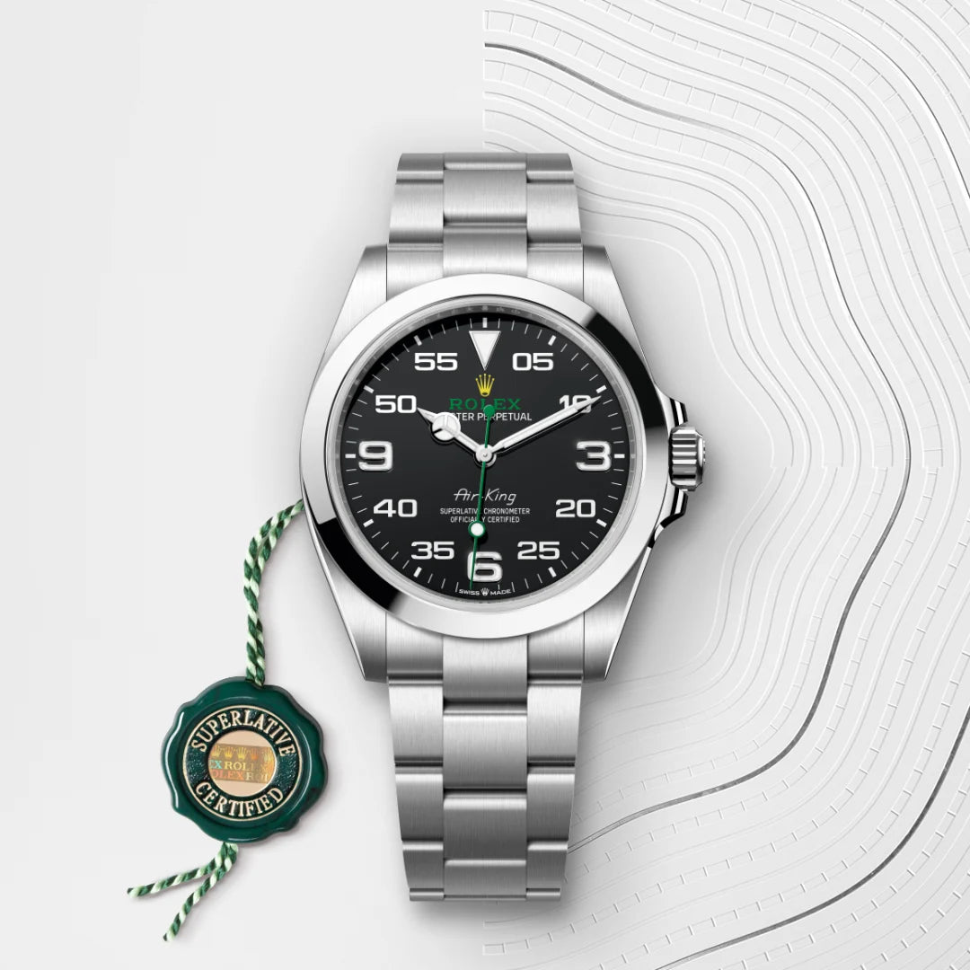Rolex Air-King in Oystersteel with a Black dial, Smooth bezel, Oyster, three-piece solid links bracelet