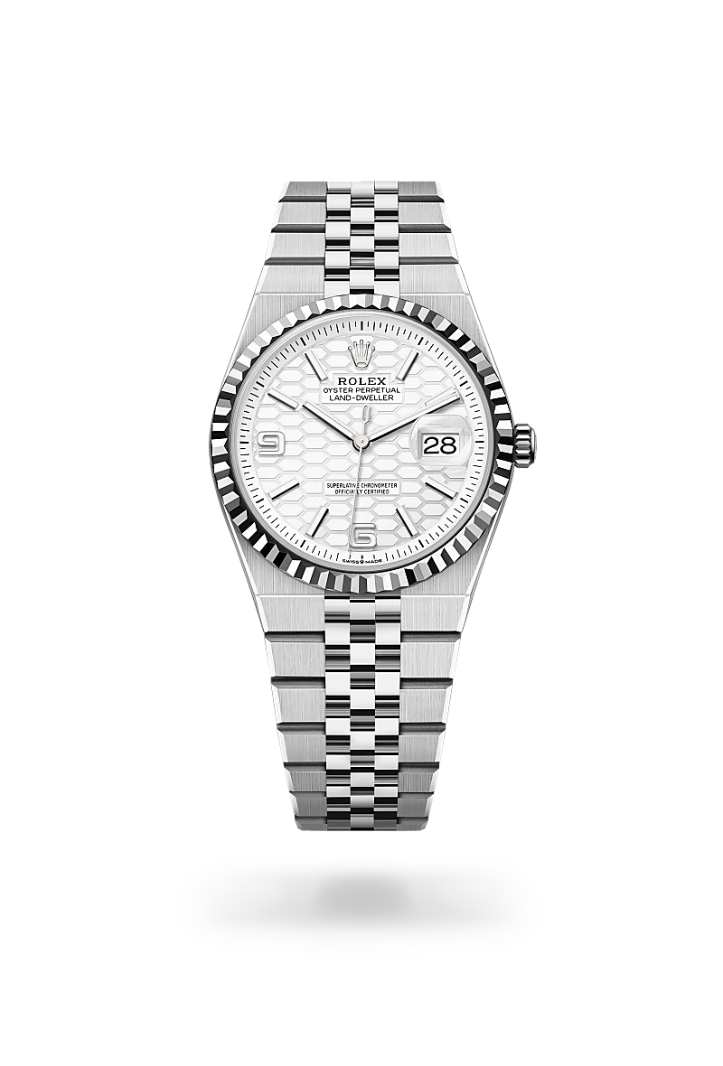 Rolex Land-Dweller 36 in White Rolesor - combination of Oystersteel and white gold with a Intense white, honeycomb motif dial, Fluted bezel, Flat Jubilee, five-piece solid links bracelet