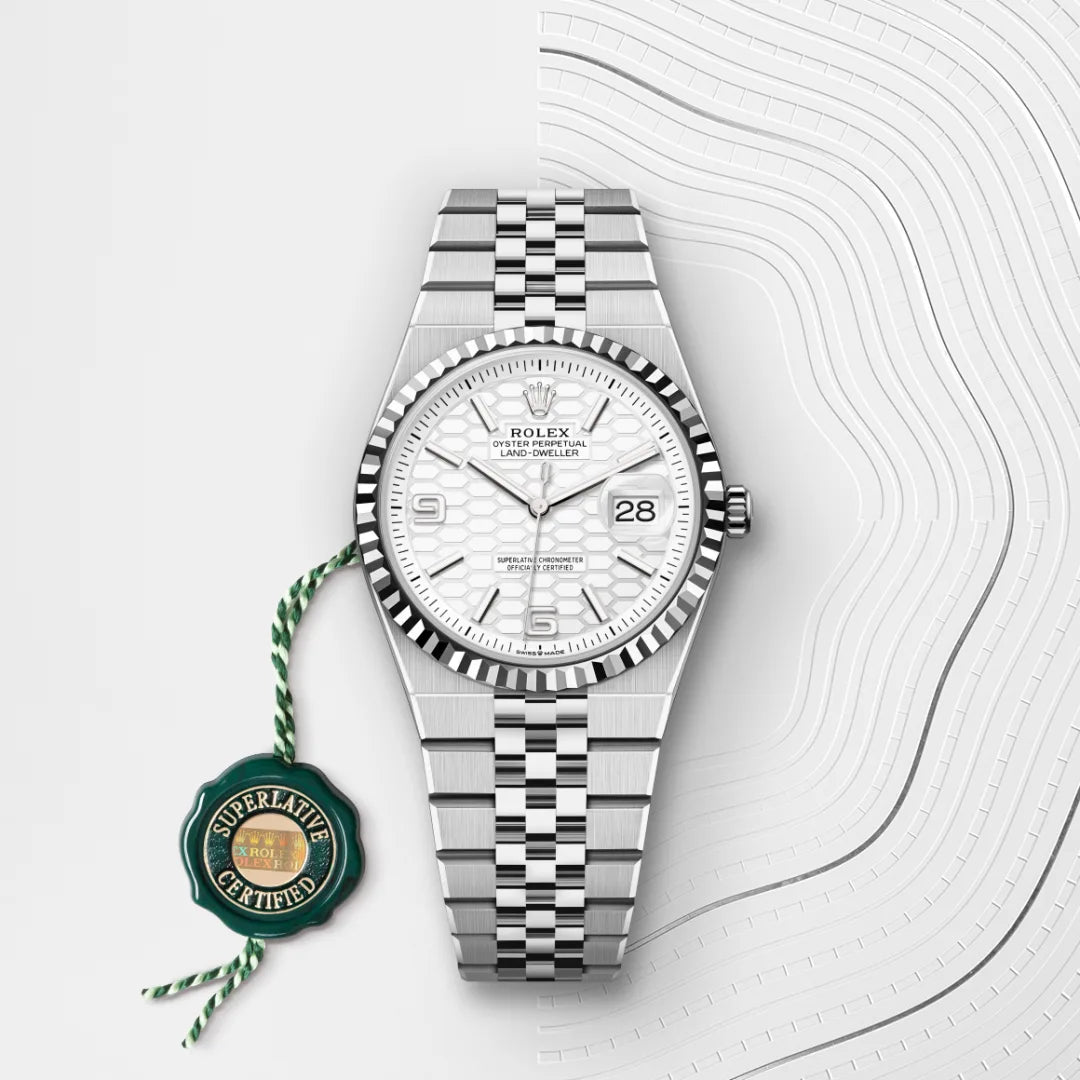 Rolex Land-Dweller 36 in White Rolesor - combination of Oystersteel and white gold with a Intense white, honeycomb motif dial, Fluted bezel, Flat Jubilee, five-piece solid links bracelet