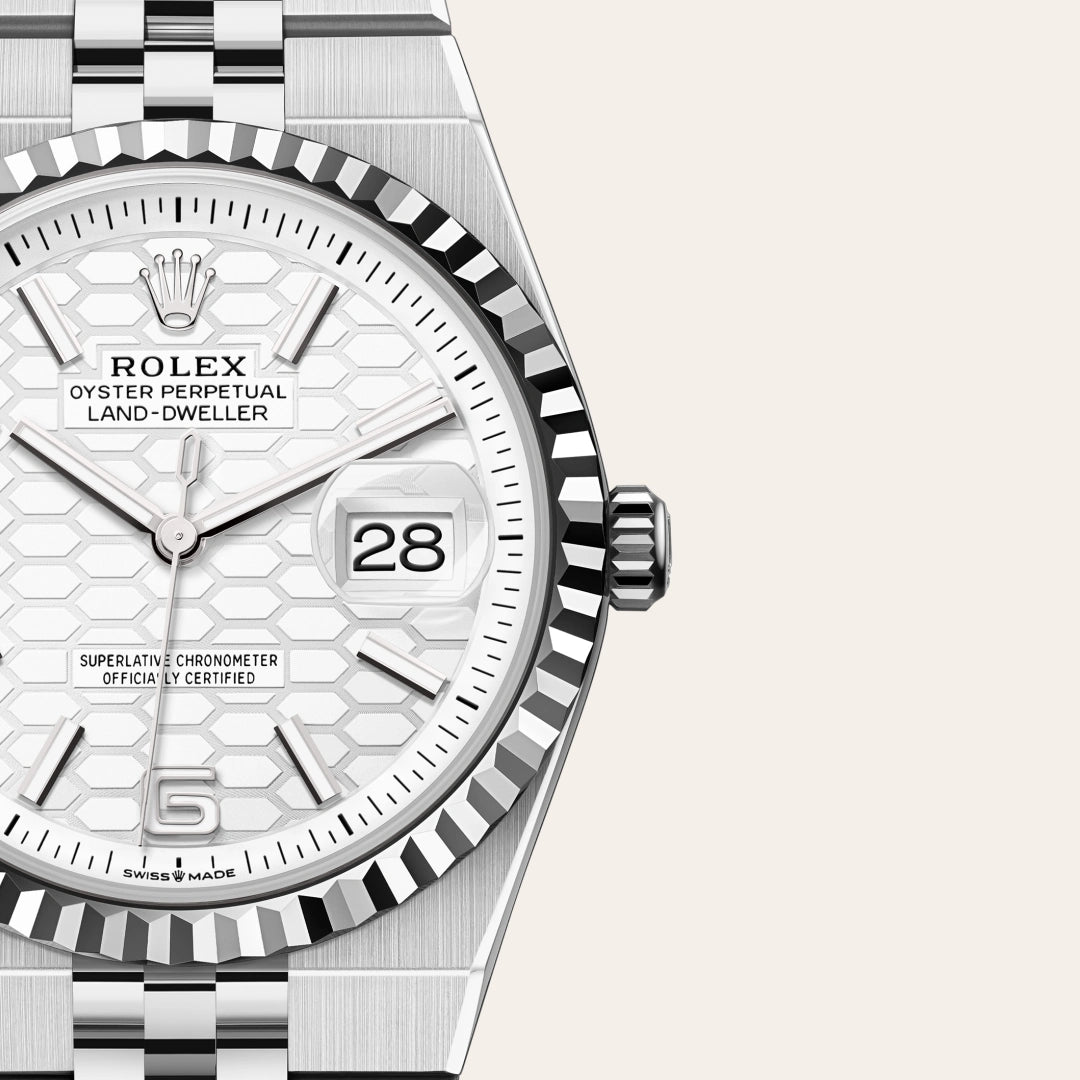 Rolex Land-Dweller 36 in White Rolesor - combination of Oystersteel and white gold with a Intense white, honeycomb motif dial, Fluted bezel, Flat Jubilee, five-piece solid links bracelet