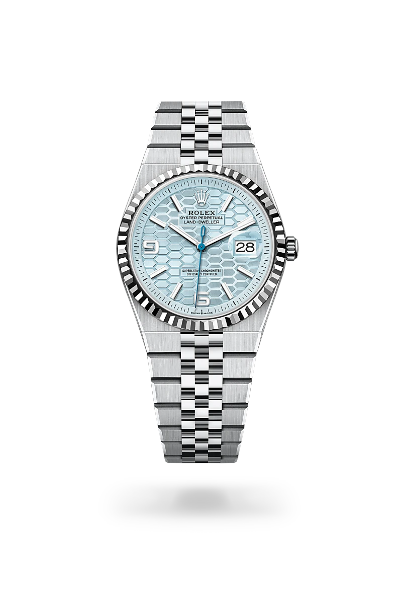 Rolex Land-Dweller 36 in Platinum with a Ice blue, honeycomb motif dial, Fluted bezel, Flat Jubilee, five-piece solid links bracelet