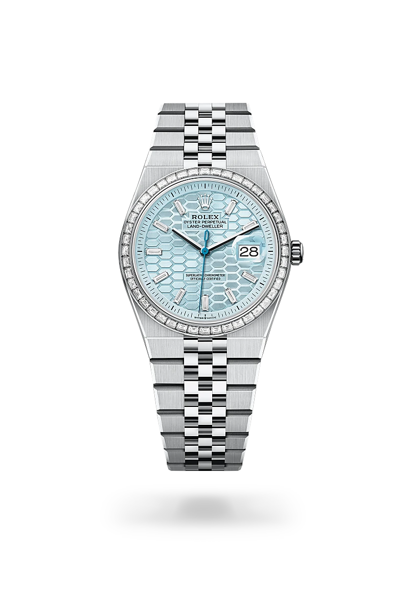 Rolex Land-Dweller 36 in Platinum with a Ice blue, honeycomb motif set with diamonds dial, Set with diamonds bezel, Flat Jubilee, five-piece solid links bracelet