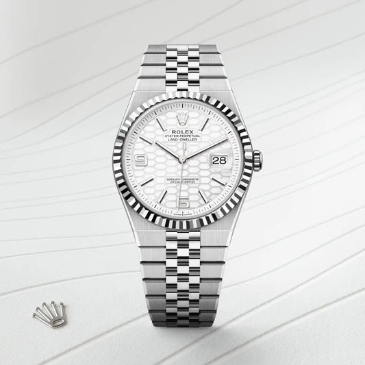 rolex Land-Dweller 40 in White Rolesor - combination of Oystersteel and white gold, m127334-0001 - david m robinson