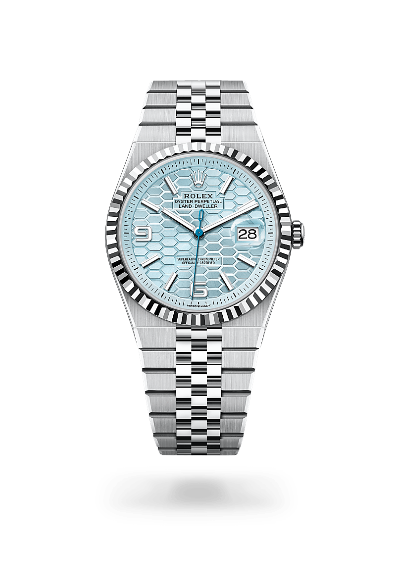 Rolex Land-Dweller 40 in Platinum with a Ice blue, honeycomb motif dial, Fluted bezel, Flat Jubilee, five-piece solid links bracelet
