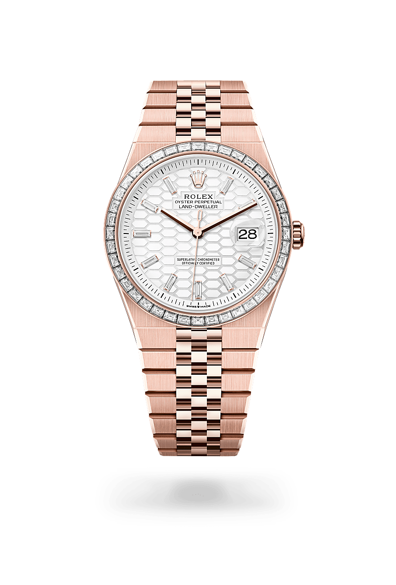 Rolex Land-Dweller 40 in 18 ct Everose gold with a Intense white, honeycomb motif set with diamonds dial, Set with diamonds bezel, Flat Jubilee, five-piece solid links bracelet