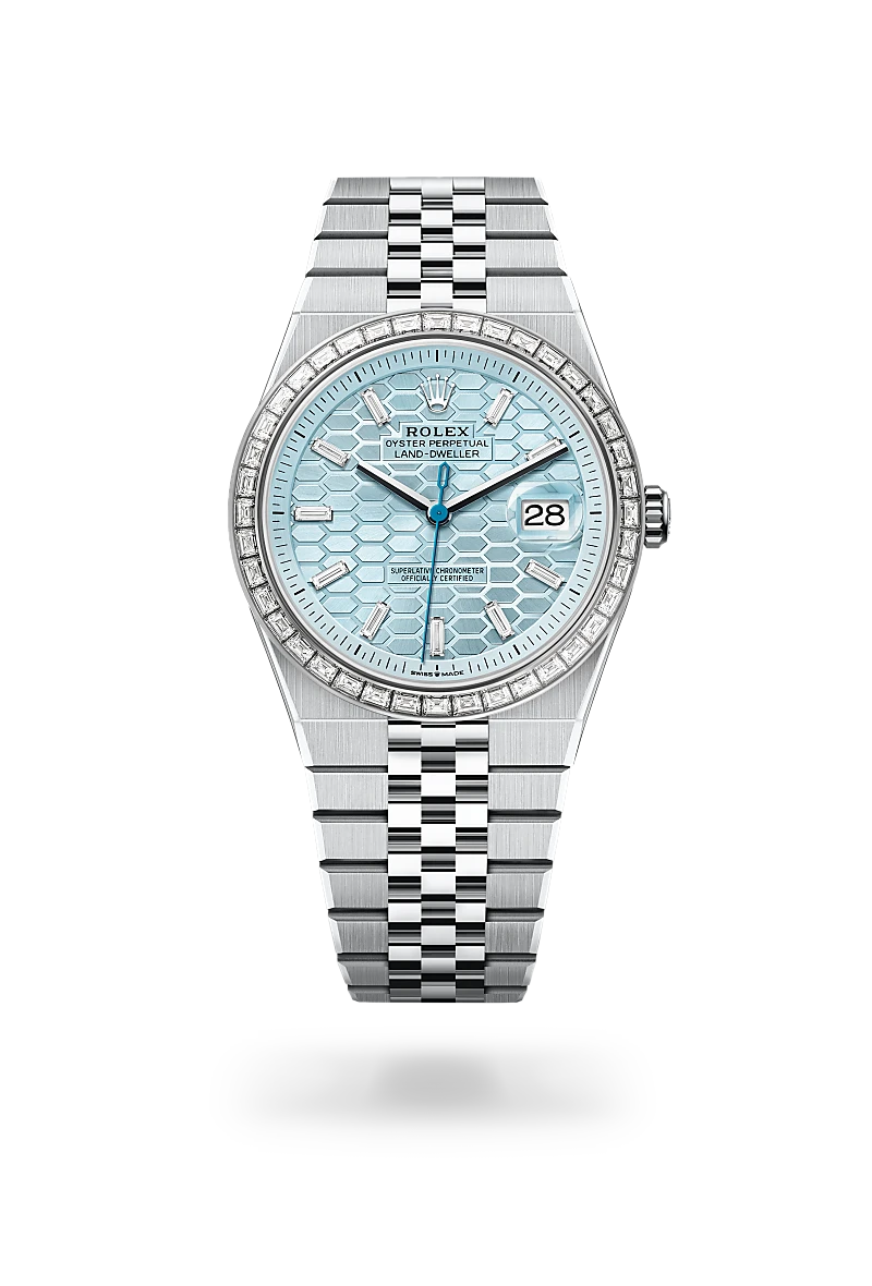Rolex Land-Dweller 40 in Platinum with a Ice blue, honeycomb motif set with diamonds dial, Set with diamonds bezel, Flat Jubilee, five-piece solid links bracelet
