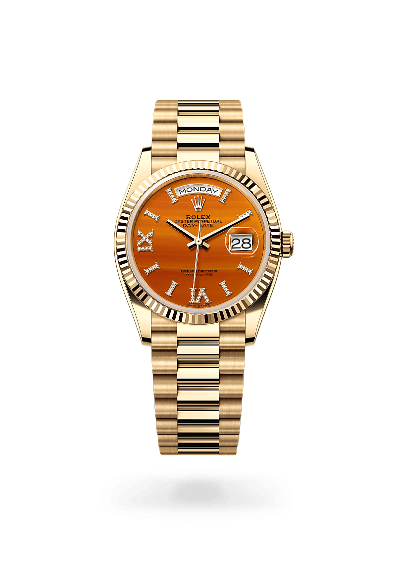 Rolex Day-Date 36 in 18 ct yellow gold with a Carnelian set with diamonds dial, Fluted bezel, President, semi-circular three-piece links bracelet