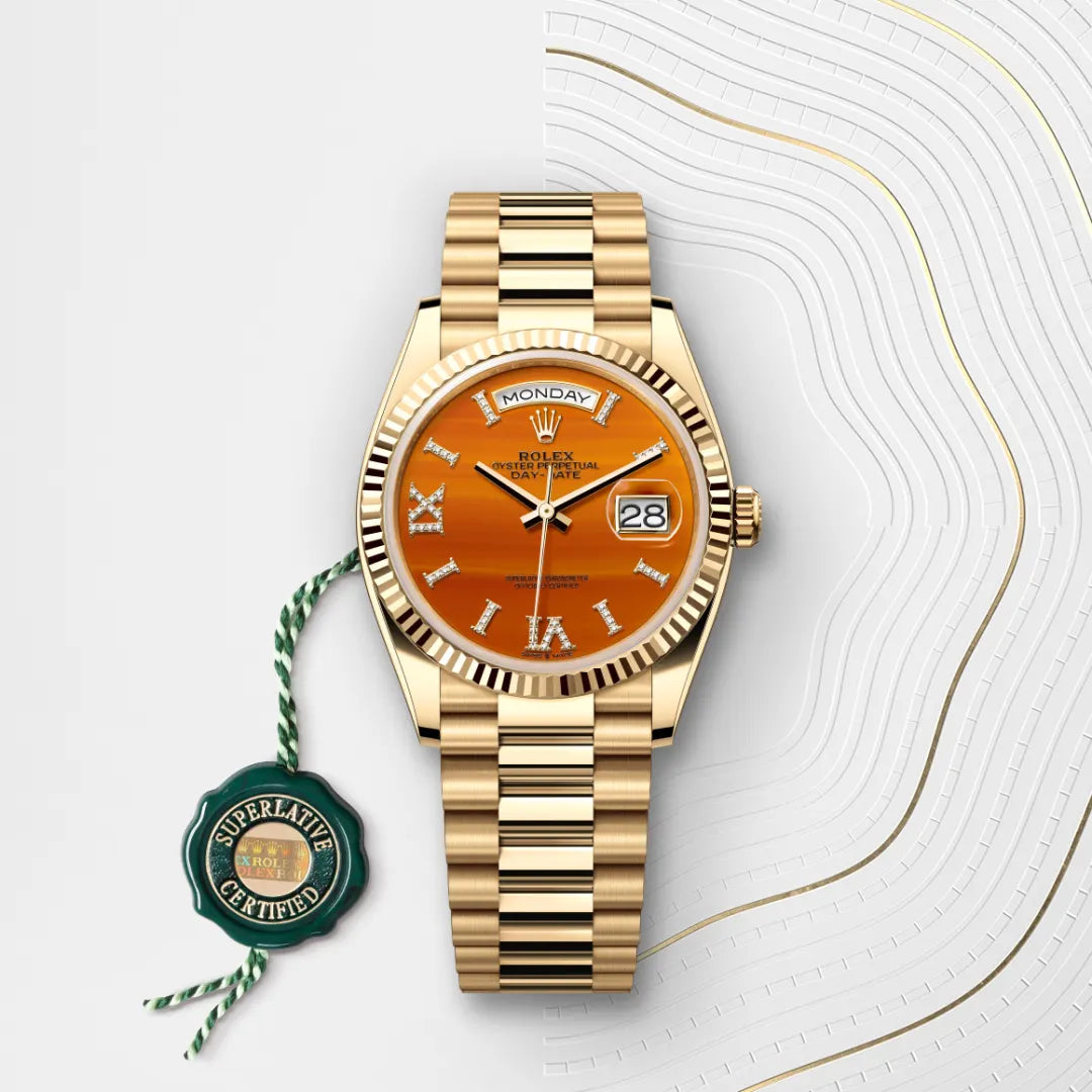 Rolex Day-Date 36 in 18 ct yellow gold with a Carnelian set with diamonds dial, Fluted bezel, President, semi-circular three-piece links bracelet