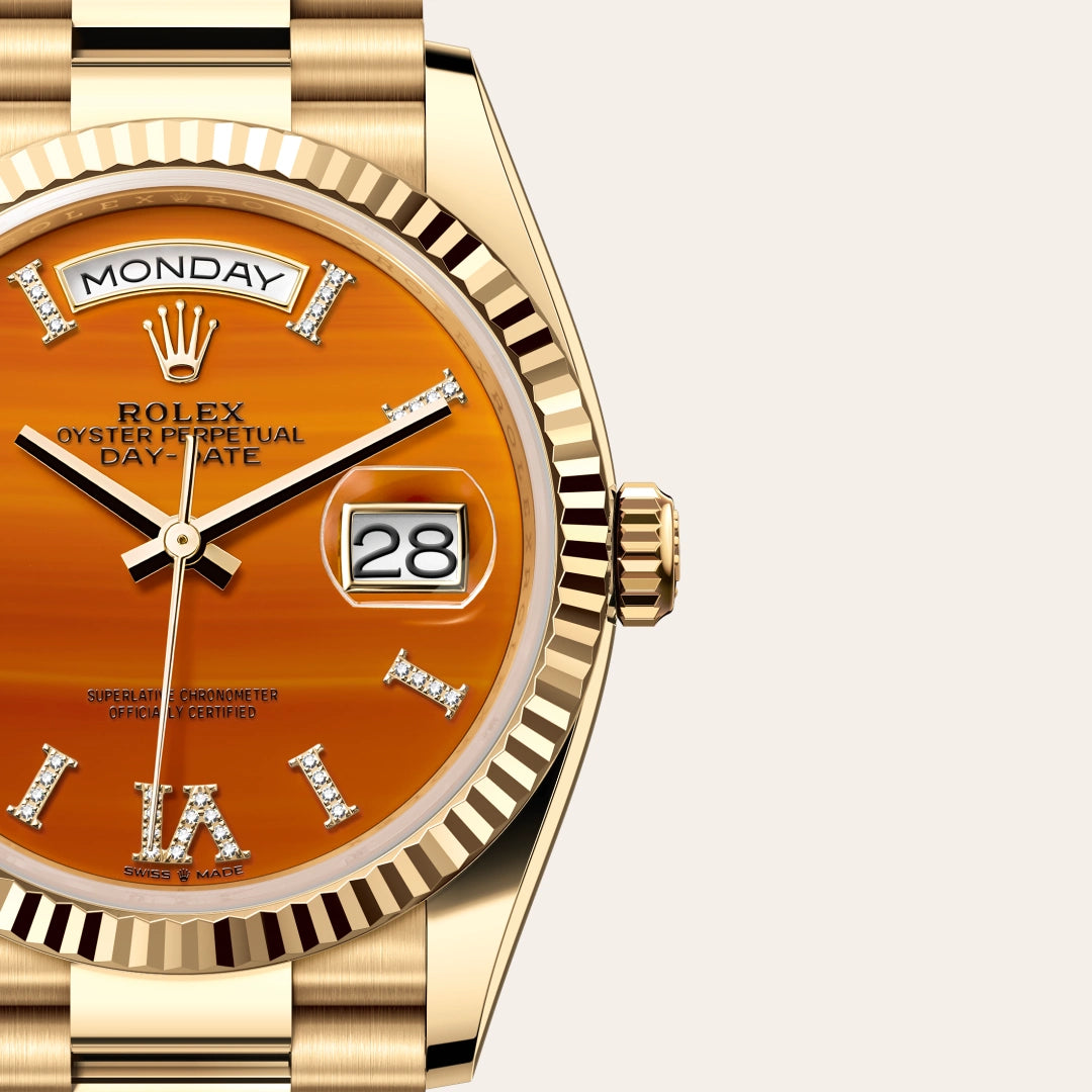 Rolex Day-Date 36 in 18 ct yellow gold with a Carnelian set with diamonds dial, Fluted bezel, President, semi-circular three-piece links bracelet