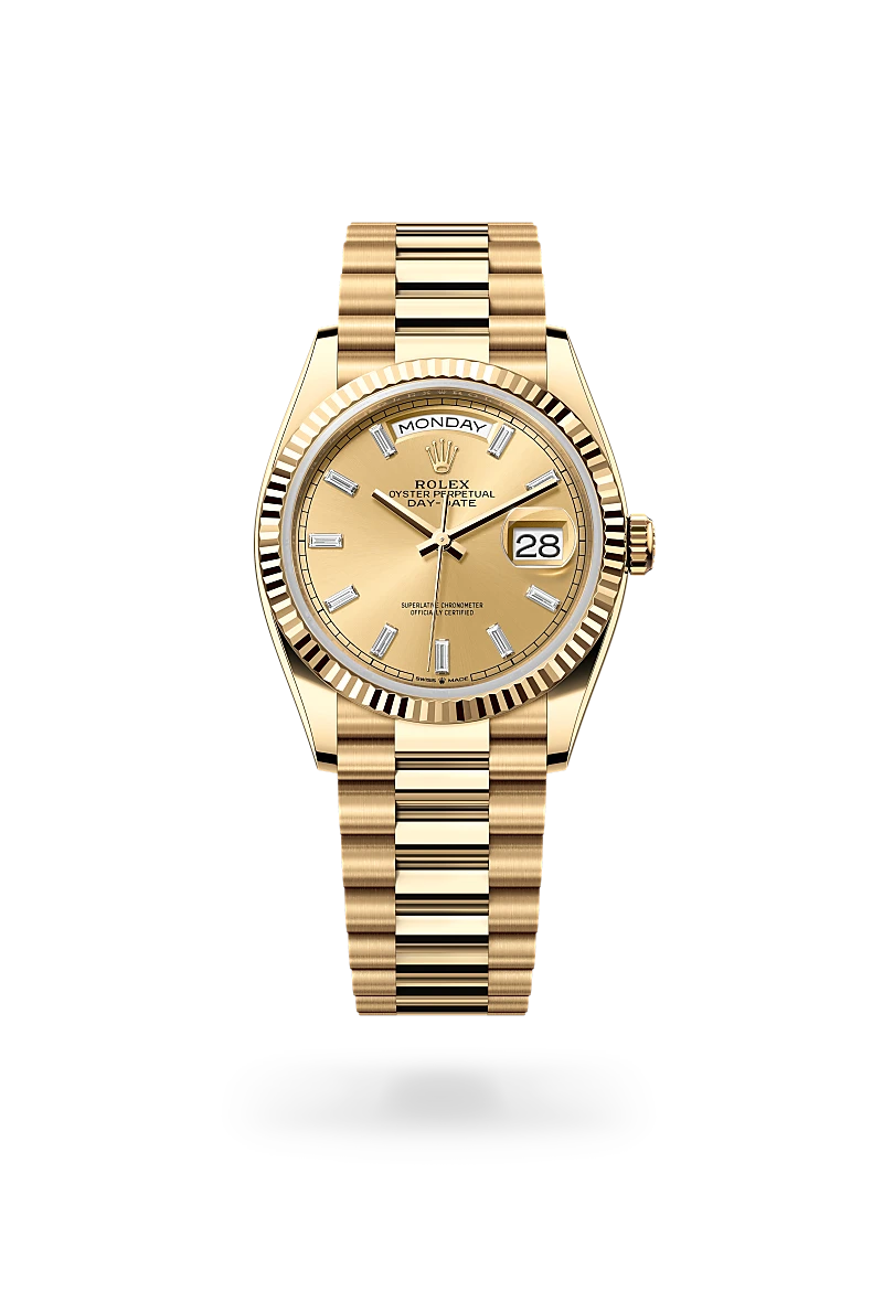 Rolex Day-Date 36 in 18 ct yellow gold with a Champagne-colour set with diamonds dial, Fluted bezel, President, semi-circular three-piece links bracelet