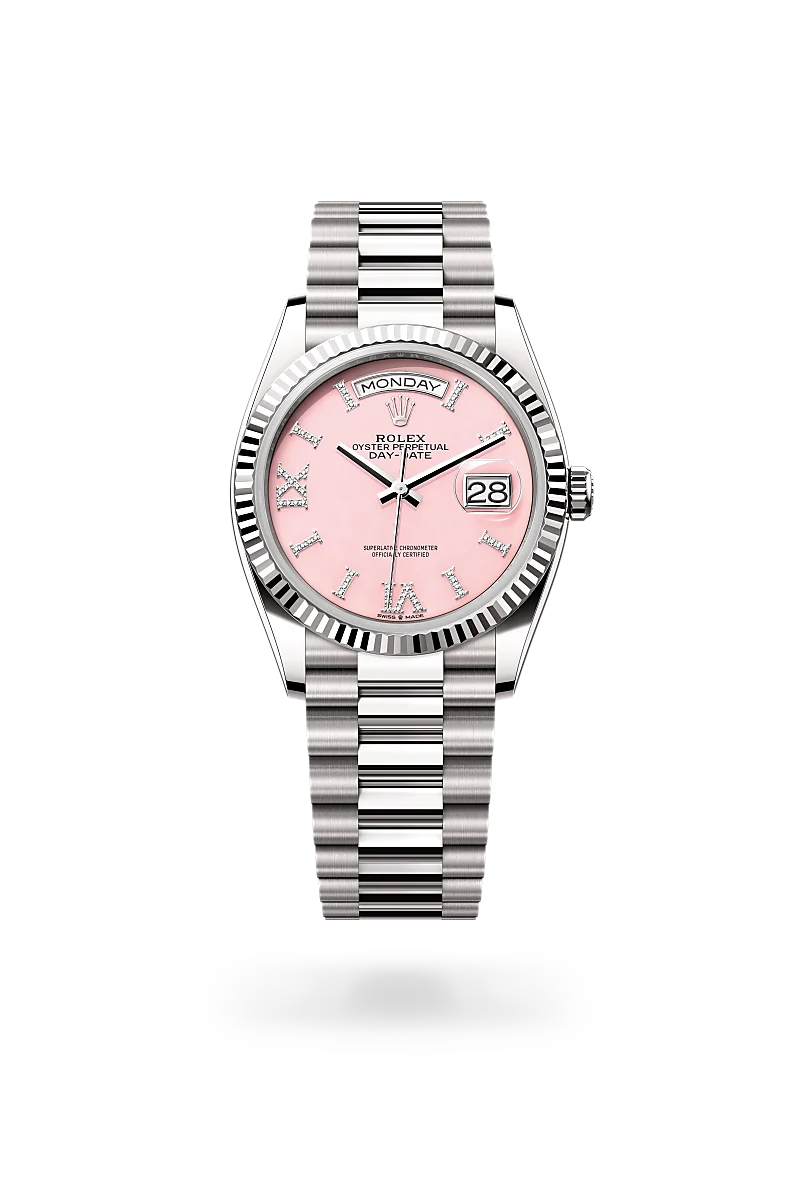 Rolex Day-Date 36 in 18 ct white gold with a Pink opal set with diamonds dial, Fluted bezel, President, semi-circular three-piece links bracelet