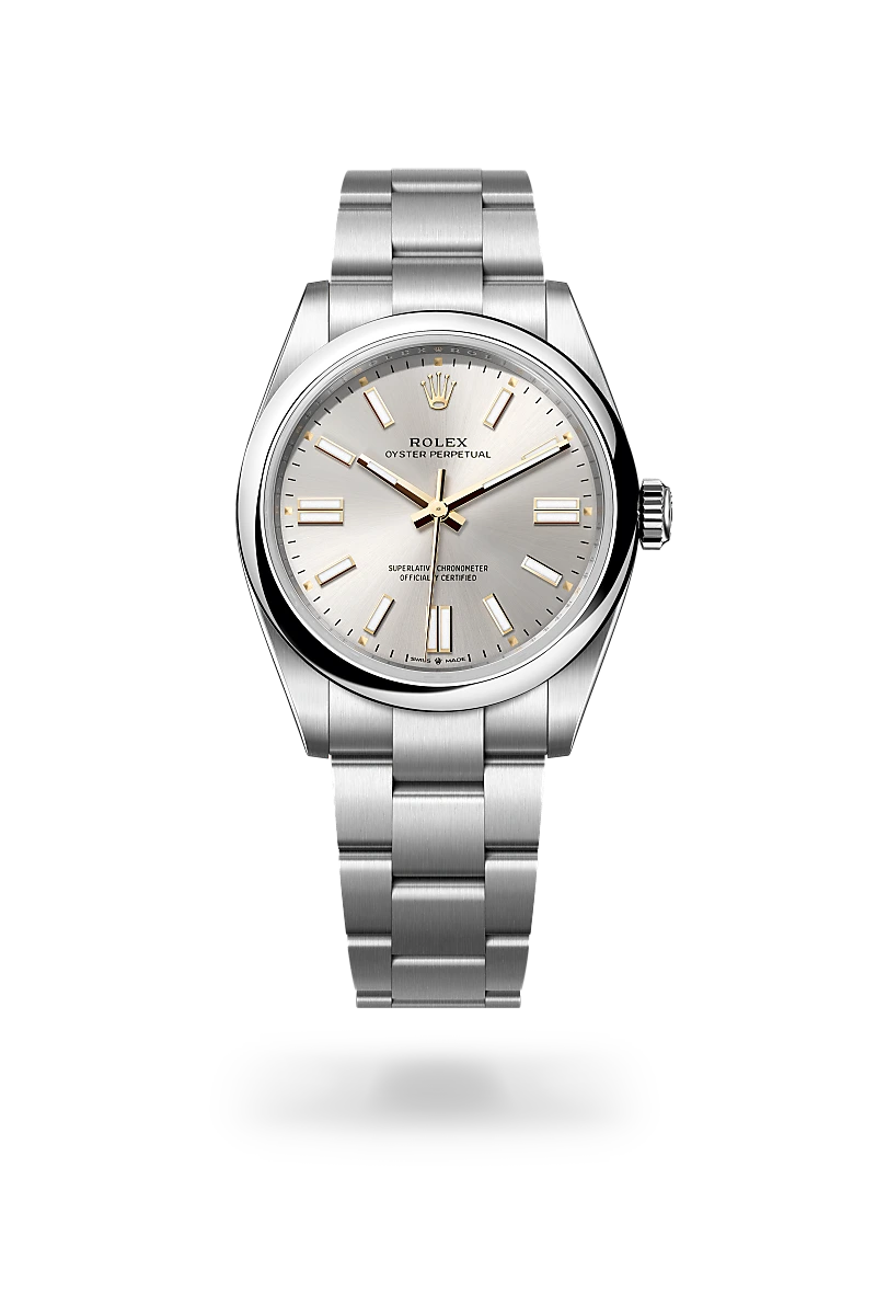 Rolex Oyster Perpetual 41 in Oystersteel with a Silver dial, Domed bezel, Oyster, three-piece solid links bracelet