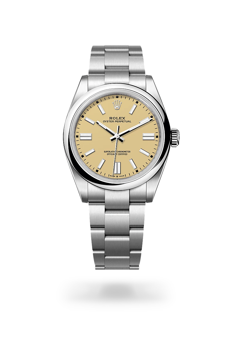 Rolex Oyster Perpetual 41 in Oystersteel with a Beige dial, Domed bezel, Oyster, three-piece solid links bracelet