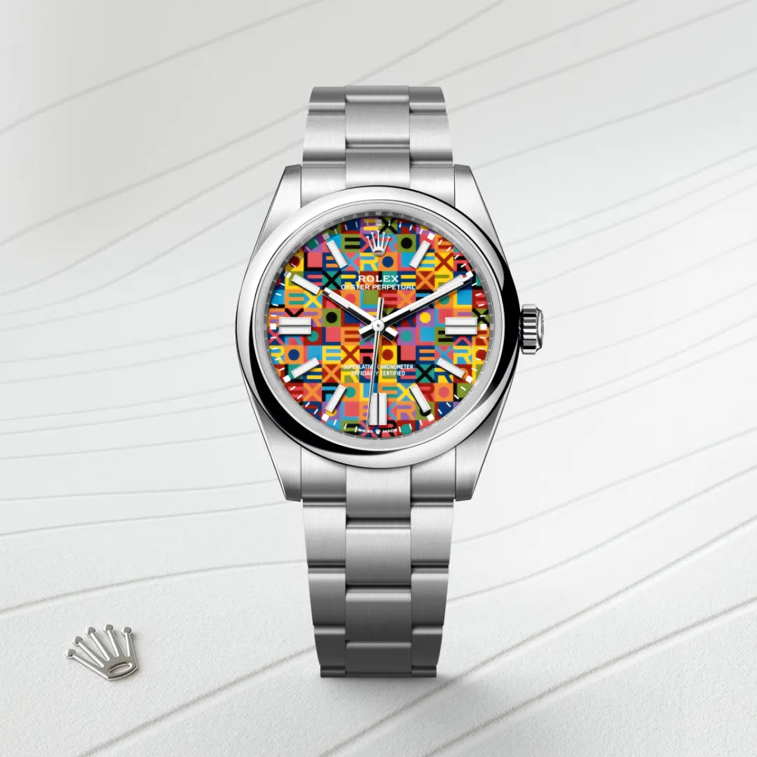 Rolex Oyster Perpetual 41 in Oystersteel with a Multicoloured, Jubilee motif dial, Domed bezel, Oyster, three-piece solid links bracelet