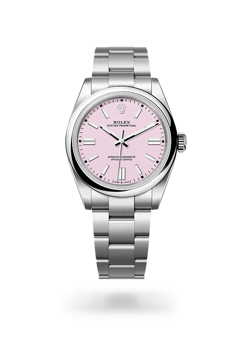 Rolex Oyster Perpetual 41 in Oystersteel with a Candy pink dial, Domed bezel, Oyster, three-piece solid links bracelet