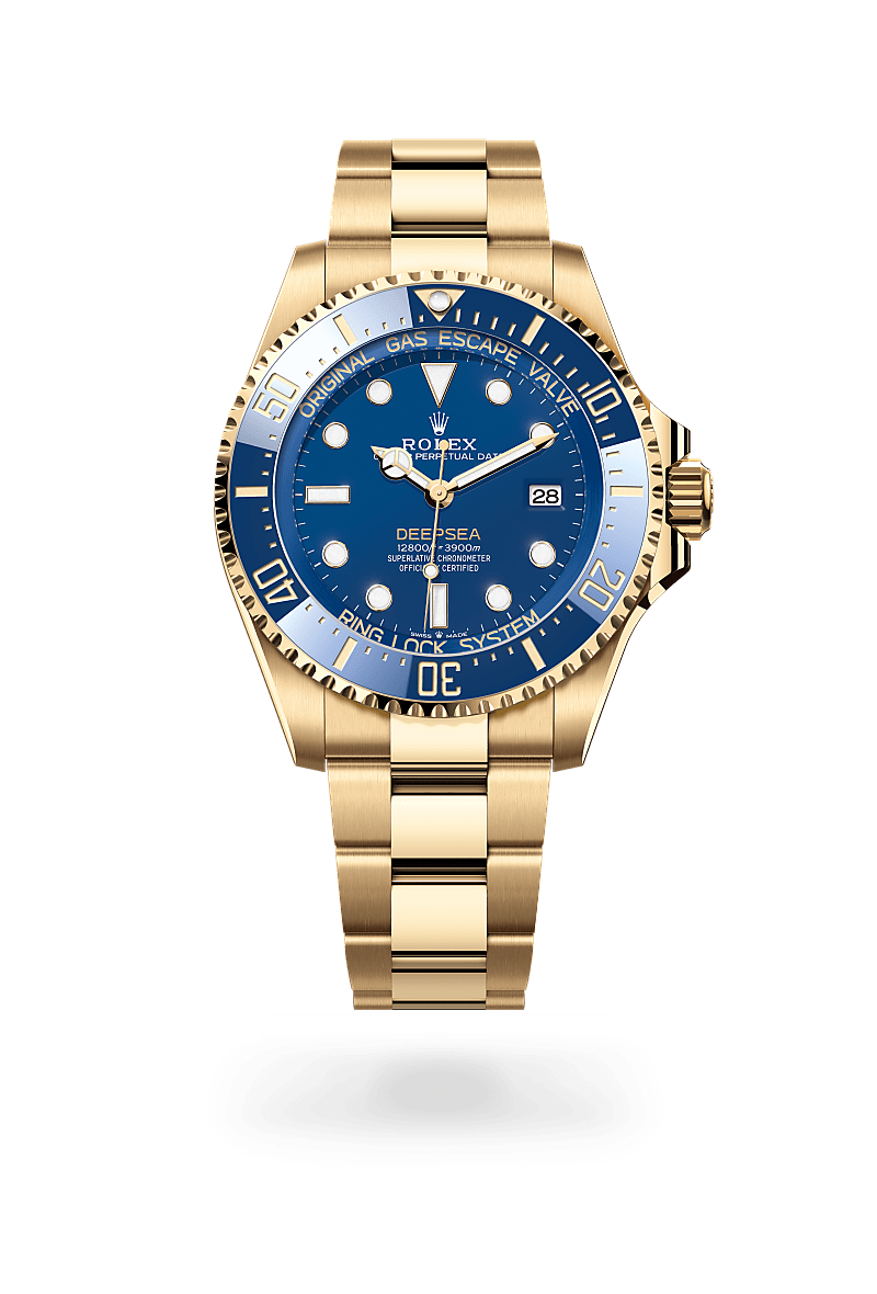 Rolex Rolex Deepsea in 18 ct yellow gold with a Blue dial, Unidirectional rotatable 60-minute graduated, scratch-resistant Cerachrom insert in blue ceramic, numerals and graduations coated in gold bezel, Oyster, three-piece solid links bracelet