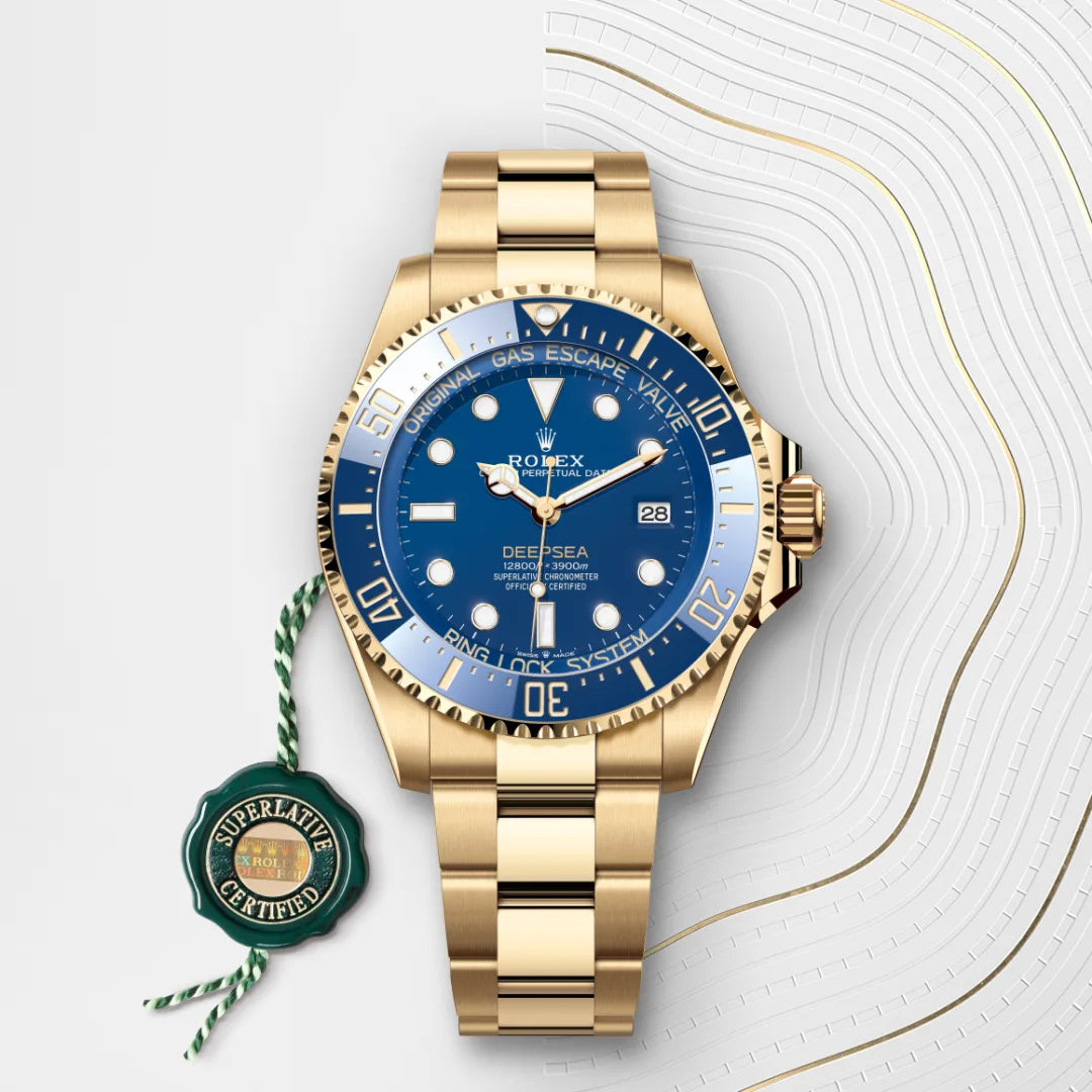 Rolex Rolex Deepsea in 18 ct yellow gold with a Blue dial, Unidirectional rotatable 60-minute graduated, scratch-resistant Cerachrom insert in blue ceramic, numerals and graduations coated in gold bezel, Oyster, three-piece solid links bracelet