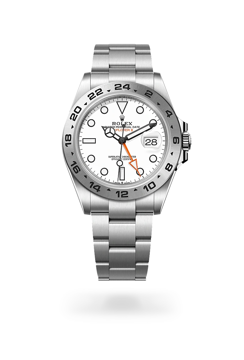 Rolex Explorer II in Oystersteel with a White dial, Fixed, 24-hour graduated bezel, Oyster, three-piece solid links bracelet