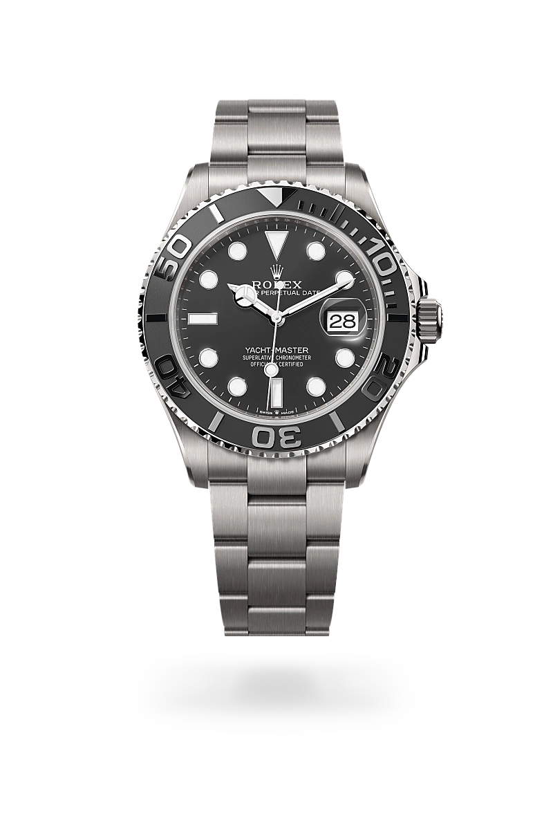 Rolex Yacht-Master 42 in RLX titanium with a Intense black dial, Bidirectional rotatable 60-minute graduated bezel with matt black Cerachrom insert in ceramic, polished raised numerals and graduations bezel, Oyster, three-piece solid links bracelet