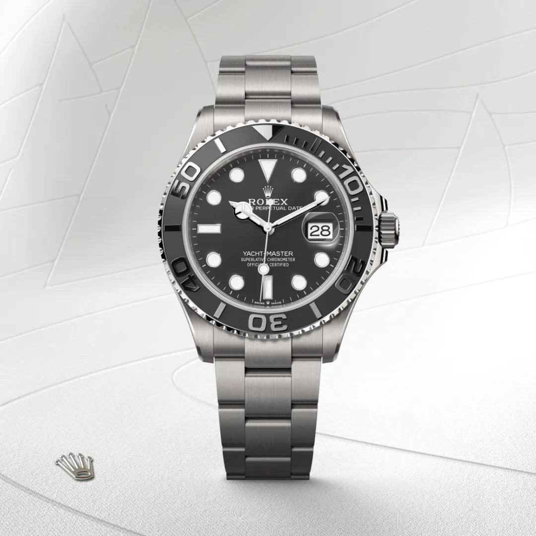 Rolex Yacht-Master 42 in RLX titanium with a Intense black dial, Bidirectional rotatable 60-minute graduated bezel with matt black Cerachrom insert in ceramic, polished raised numerals and graduations bezel, Oyster, three-piece solid links bracelet