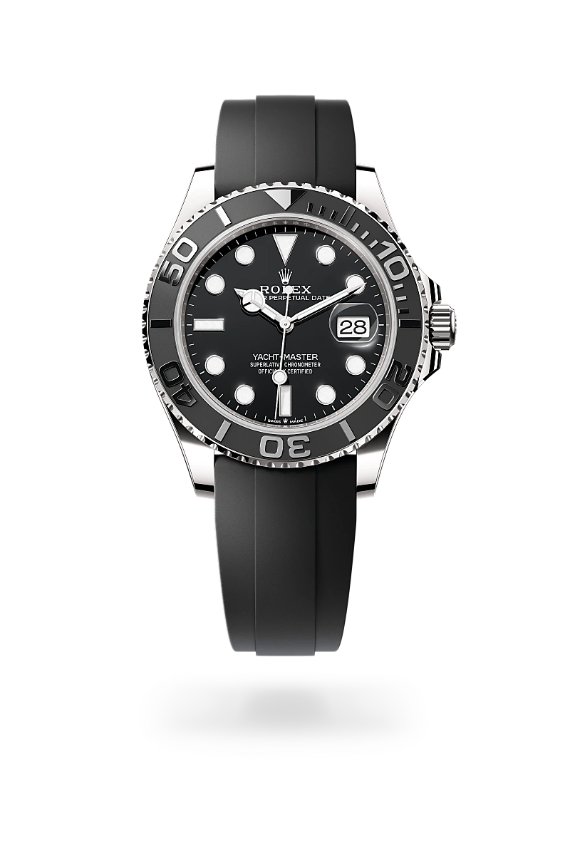 Rolex Yacht-Master 42 in 18 ct white gold with a Black dial, Bidirectional rotatable 60-minute graduated bezel with matt black Cerachrom insert in ceramic, polished raised numerals and graduations bezel, Oysterflex bracelet