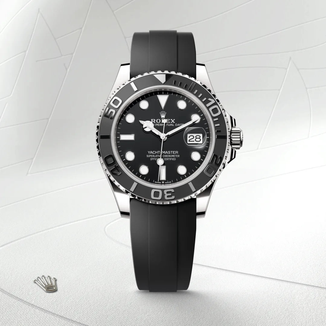 Rolex Yacht-Master 42 in 18 ct white gold with a Black dial, Bidirectional rotatable 60-minute graduated bezel with matt black Cerachrom insert in ceramic, polished raised numerals and graduations bezel, Oysterflex bracelet