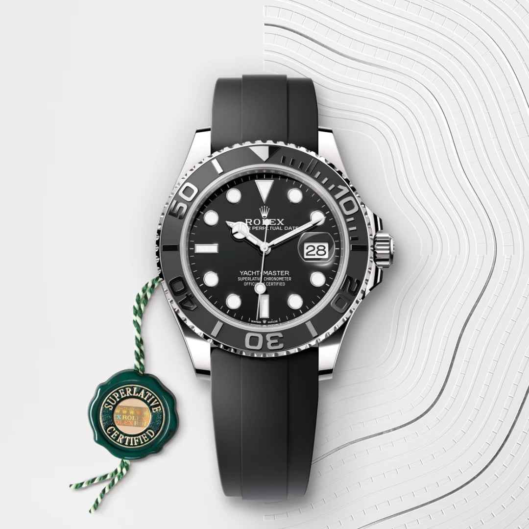 Rolex Yacht-Master 42 in 18 ct white gold with a Black dial, Bidirectional rotatable 60-minute graduated bezel with matt black Cerachrom insert in ceramic, polished raised numerals and graduations bezel, Oysterflex bracelet