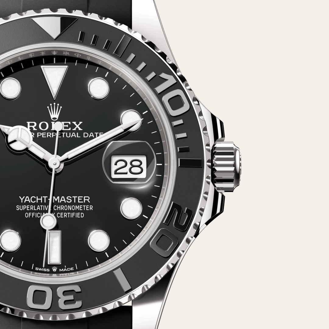 Rolex Yacht-Master 42 in 18 ct white gold with a Black dial, Bidirectional rotatable 60-minute graduated bezel with matt black Cerachrom insert in ceramic, polished raised numerals and graduations bezel, Oysterflex bracelet