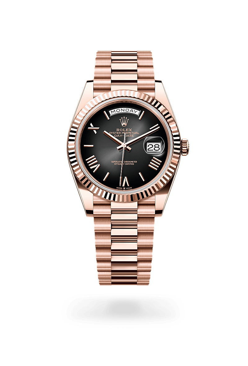 Rolex Day-Date 40 in 18 ct Everose gold with a Slate ombré dial, Fluted bezel, President, semi-circular three-piece links bracelet