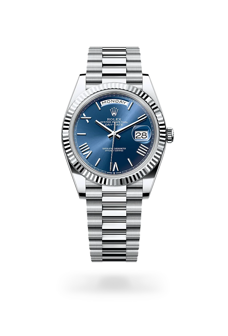 Rolex Day-Date 40 in Platinum with a Bright blue dial, Fluted bezel, President, semi-circular three-piece links bracelet