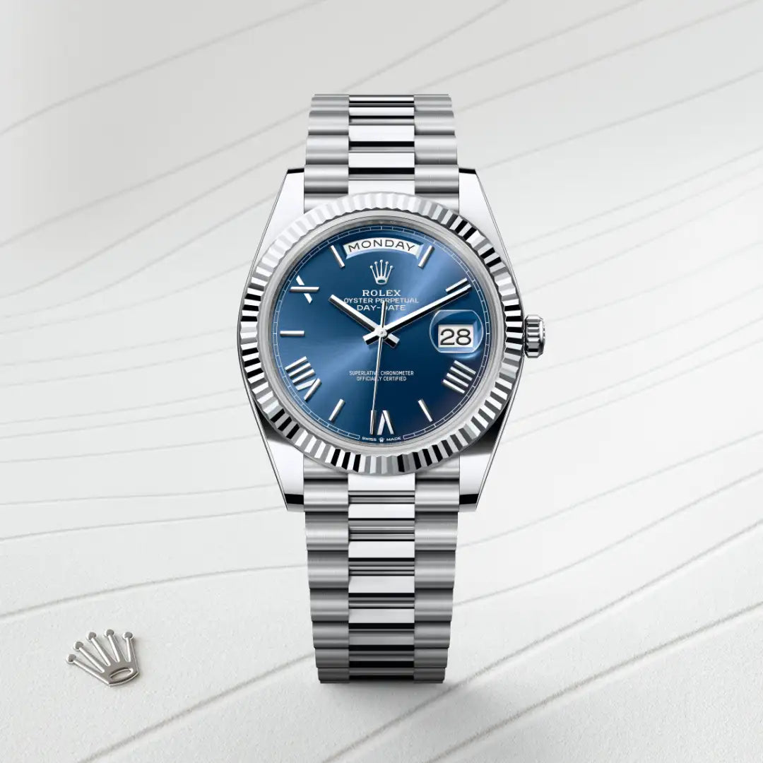 Rolex Day-Date 40 in Platinum with a Bright blue dial, Fluted bezel, President, semi-circular three-piece links bracelet